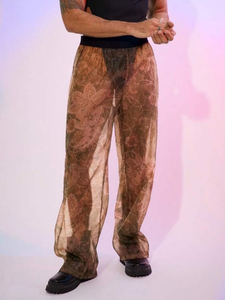 Men's Floral Print Mesh Wide Lag Stylish Lounge Pants